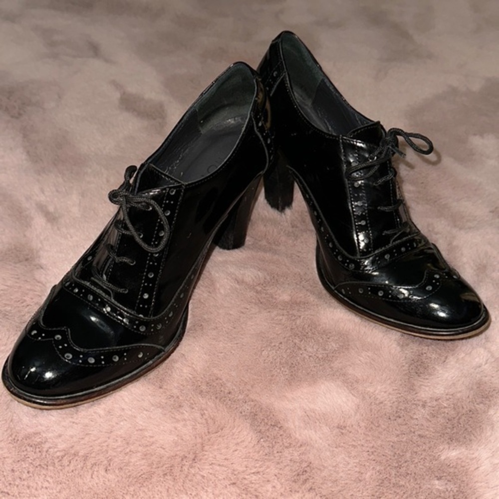 HOTIC Black Patent High Heel Lace Up Booties Size 38